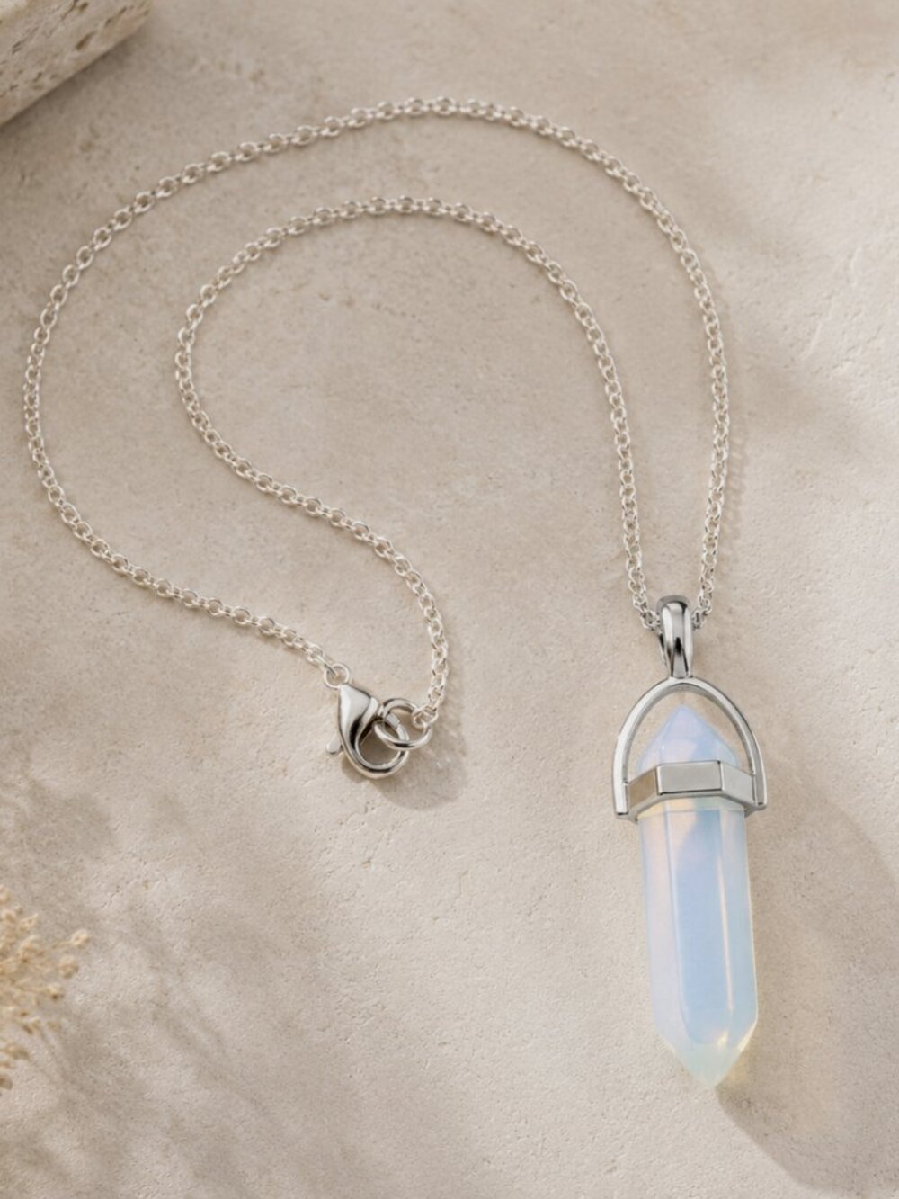 Opalite Stone Crystal Bullet Point Pendant Necklace, Unisex, Silver Chain